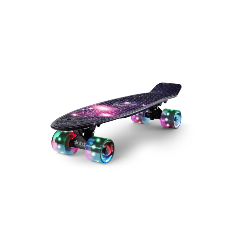 SKITCH® LED+ PURPLE GALAXY Skateboard For Kids And Beginners Mini Cruiser Board Gift Set (LED ON/OFF)